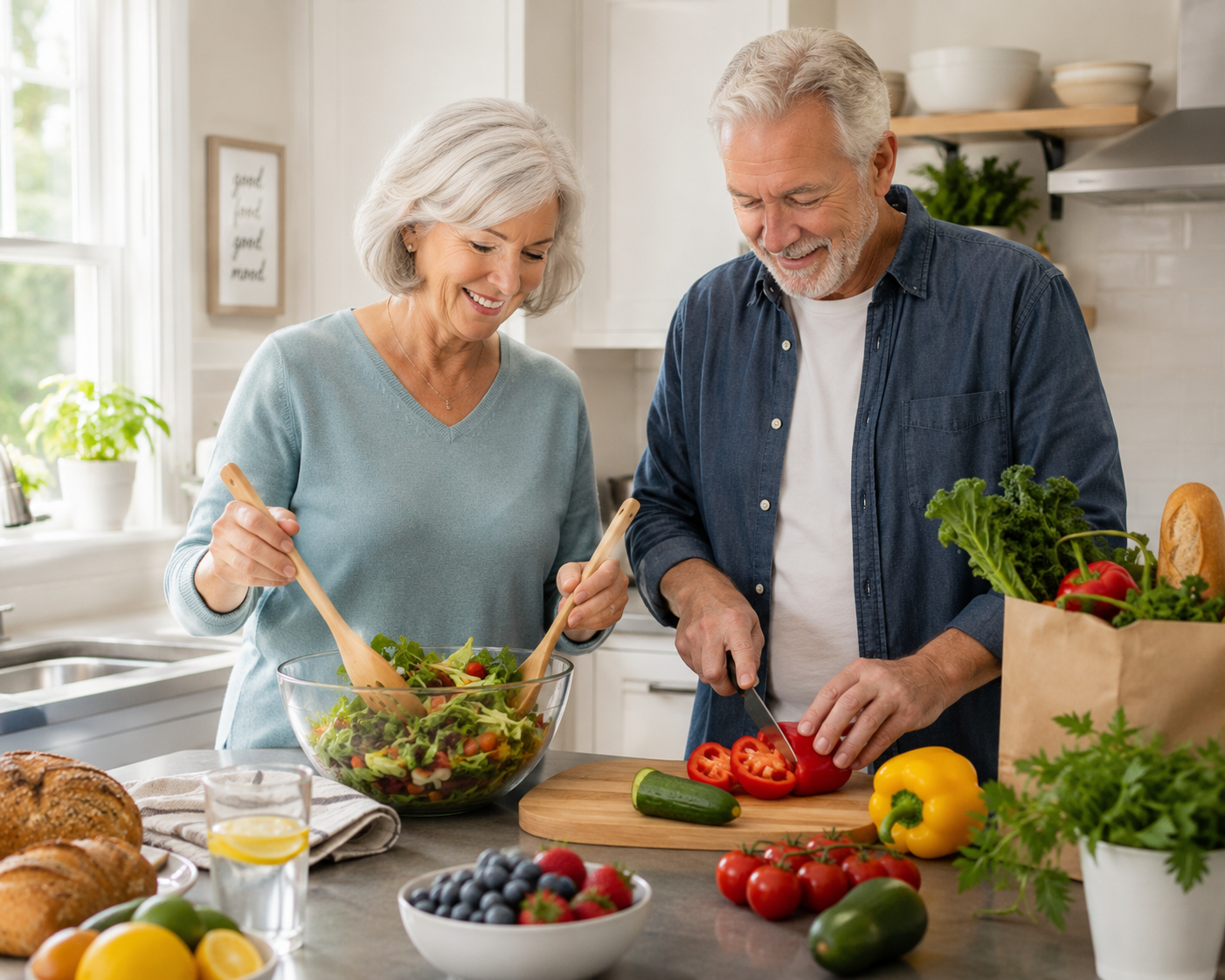 Senior couple preparing a balanced meal in a bright kitchen